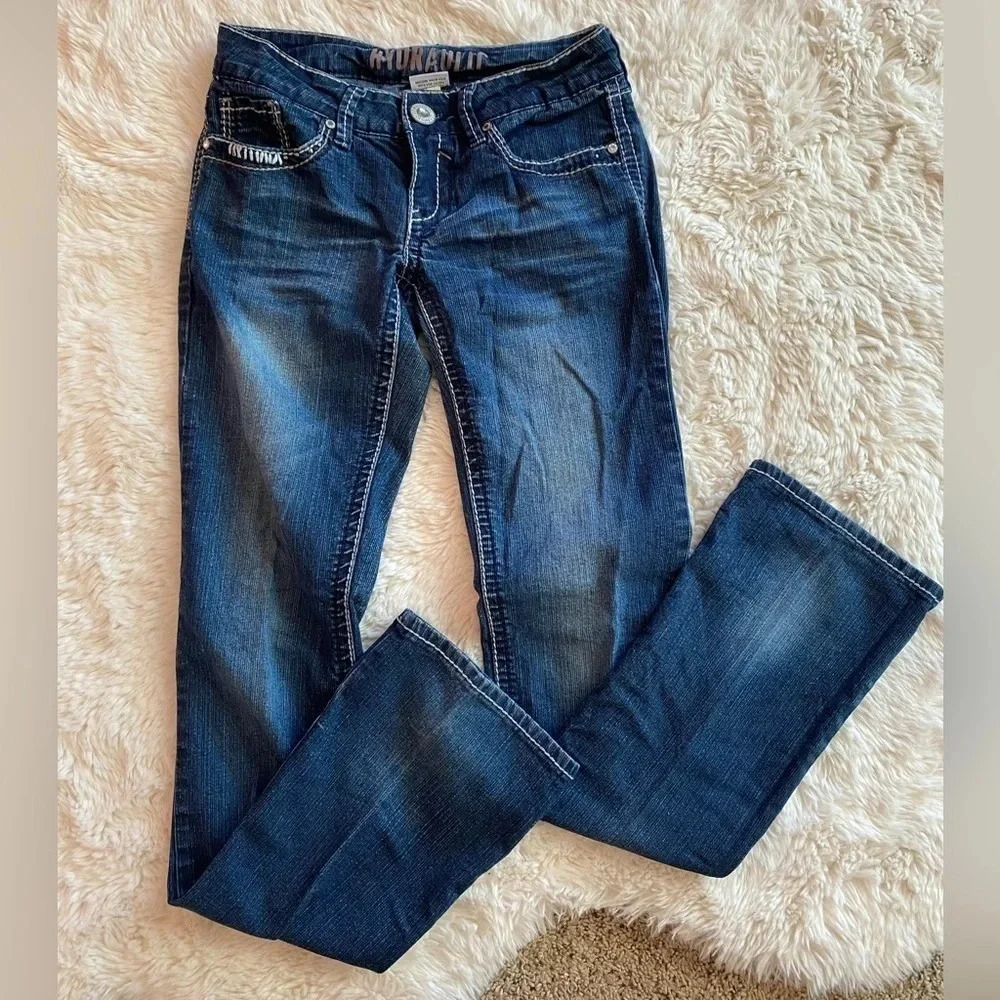 Hydraulic Jeans Straight Leg Womens 1/2 Blue Embroidered Heavy Stitching